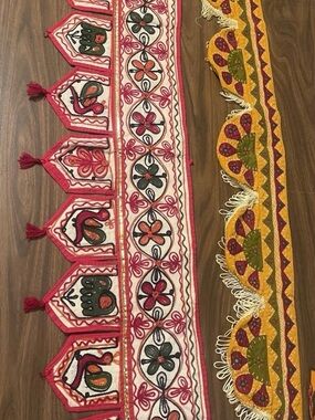 Vtg lot of 2 Toran valances/ boho wallhangings hand embroidered mirrors